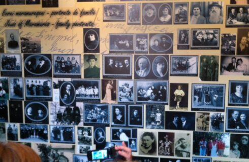 A collage at the City Hall with pictures of former Jewish residents of Sighet